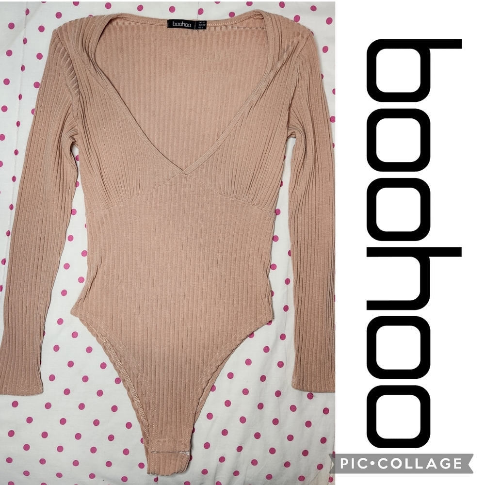 Boohoo Nude Bust Detail Long Sleeve Rib Bodysuit — Size 6